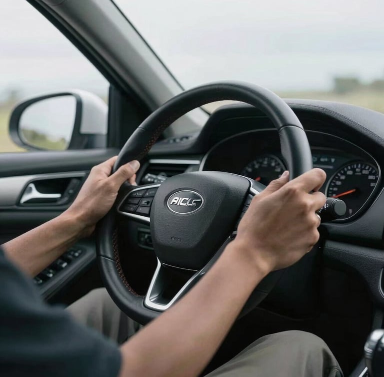 Candid eye-level medium shot of hands on a steering wheel in soft overcast daylight, clean dashboard details visible, high-trust editorial feel