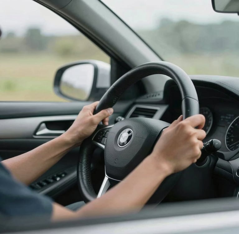Close-up of a driver's hands resting on a clean steering wheel of an everyday sedan, soft overcast morning daylight filtering through the windshield, realistic and candid perspective.