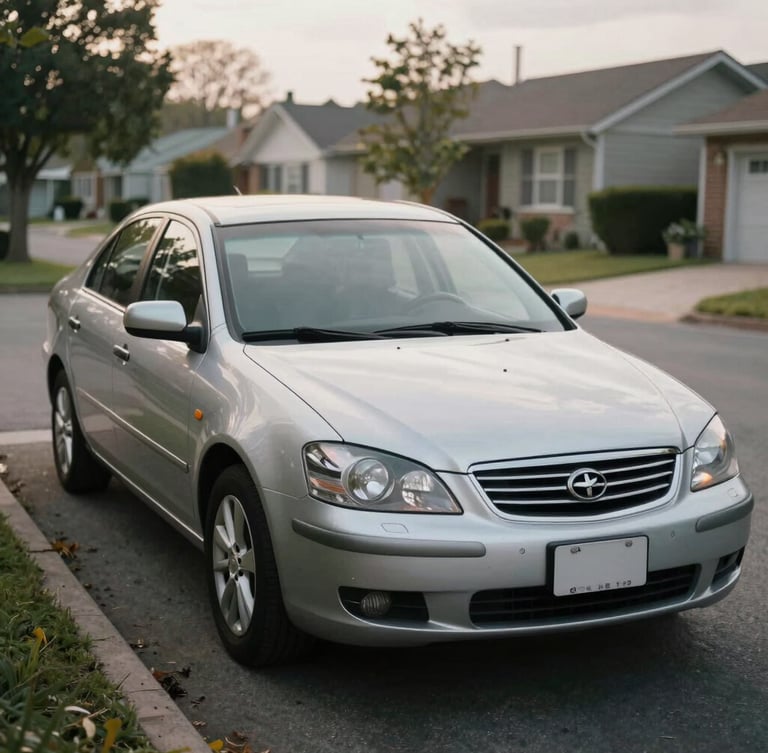 An honest, unglamorous eye-level medium shot of a silver sedan parked in a quiet residential driveway on an overcast morning, soft daylight reflecting off the hood.