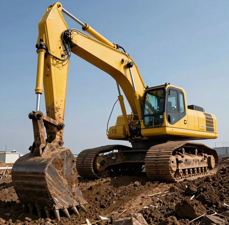 Low-angle dramatic shot of a massive yellow excavator digging deep dark soil, harsh midday sun casting sharp shadows, high-contrast industrial construction photography, 35mm