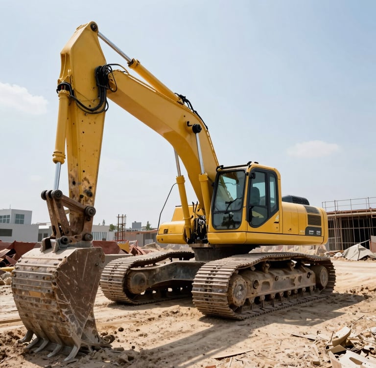 Low-angle dramatic shot of a yellow excavator working on a dusty construction site in Yalova, harsh direct sunlight, high-contrast industrial photography, 35mm