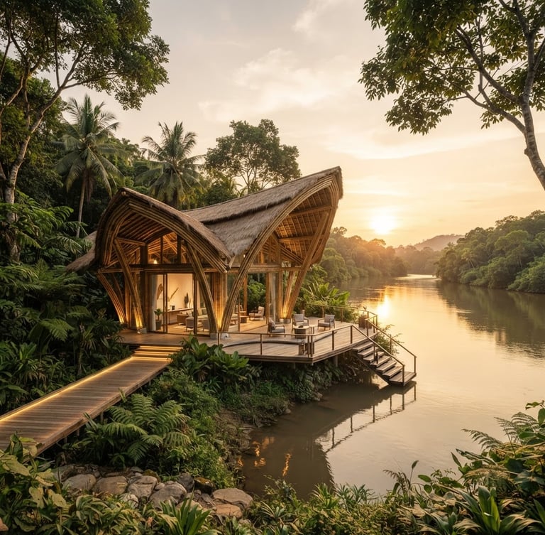 Wide environmental shot of a modern architectural bamboo pavilion at golden hour, surrounded by lush green foliage and a quiet river bank, crisp corporate photography style