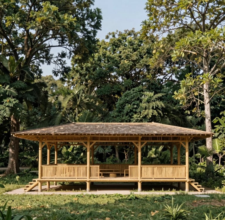 Architectural elevation of a treated bamboo pavilion at Purna River Retreat, surrounded by native trees, bright natural daylight