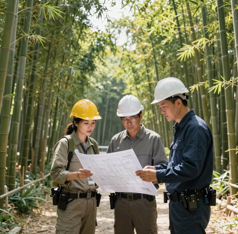 A professional mid-shot of foresters and agricultural engineers reviewing technical blueprints in a clean, modern bamboo nursery, natural daylight.