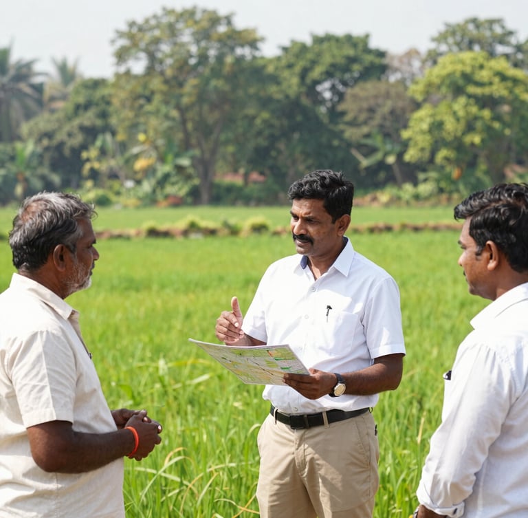 Professional mid-shot of an agricultural consultant in clean attire discussing plantation maps with Indian landowners on a sunny day, with a lush green field in the background