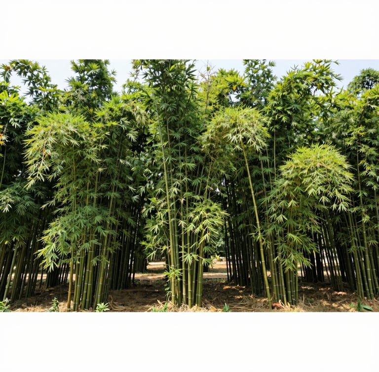 Wide-angle crisp corporate photograph of a high-yield Bambusa balcooa plantation in Gujarat, structured rows of mature green bamboo under bright natural daylight