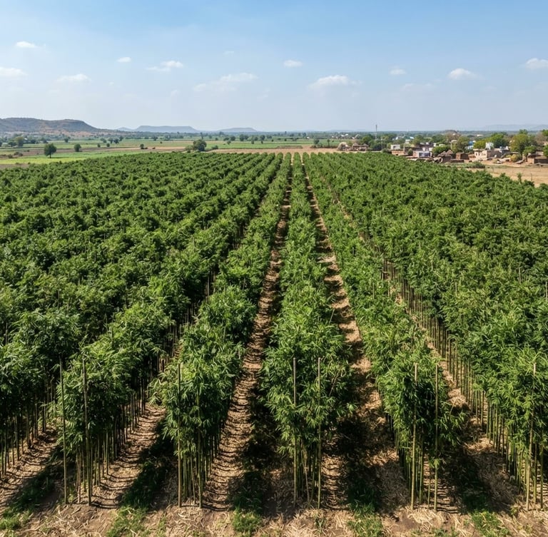 Wide-angle architectural elevation of a structured bamboo plantation in Gujarat, bright daylight, clean rows of lush green Bambusa balcooa, blue sky.