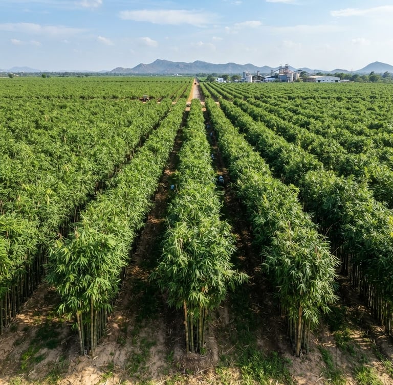Wide-angle crisp corporate photograph of a structured, high-yield Bambusa balcooa plantation in India, bright natural daylight, neat rows of towering green bamboo stalks stretching into the distance