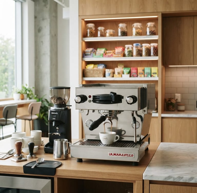 Bright, modern office breakroom featuring a high-end espresso machine pouring coffee, neatly organized snack shelves, and clean contemporary interiors with soft daylight.
