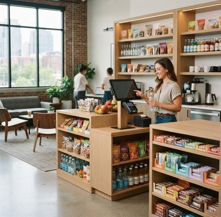 Bright, modern Nashville office breakroom with a premium micro-market setup, clean wooden shelves stocked with healthy snacks, a touch-screen checkout kiosk, and soft natural window light, 35mm photography.
