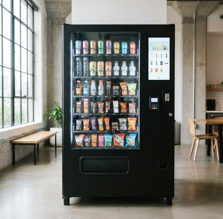 A sleek, modern matte black vending machine with a glowing touch-screen interface, stocked with premium beverages and healthy snacks, situated in a bright, clean industrial breakroom with natural window light.