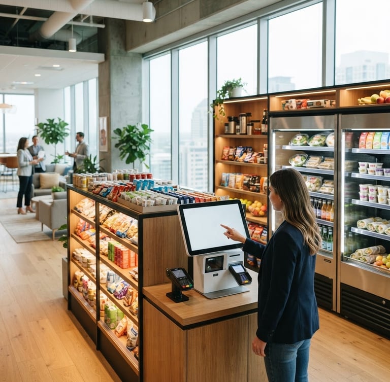 Bright editorial photography of a modern micro-market setup in a corporate office, natural window light, organized fresh food shelves, touchscreen checkout kiosk, 35mm