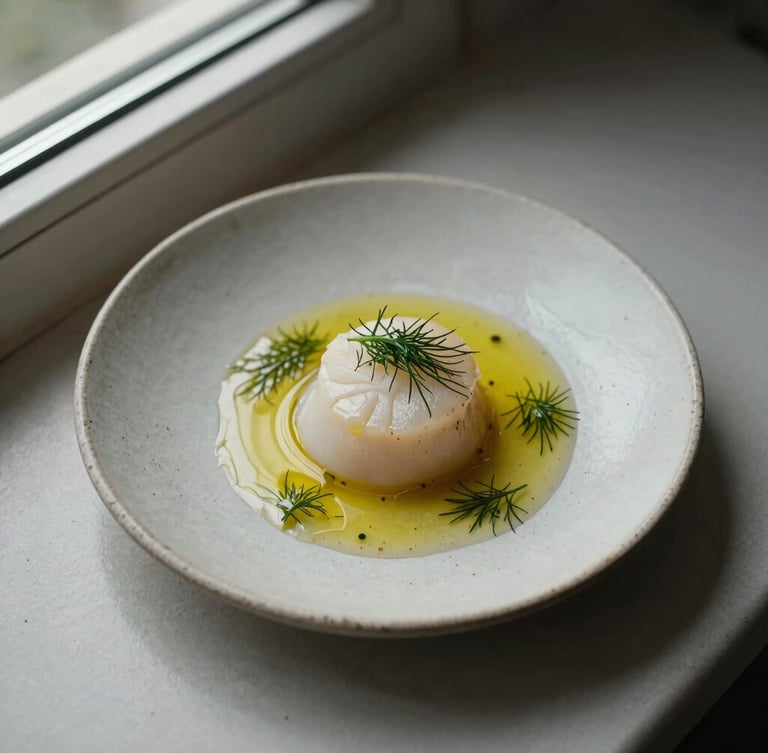 A minimalist overhead shot of a single plated scallop with dill oil, set on a rough ceramic plate, natural side-lighting from a window.