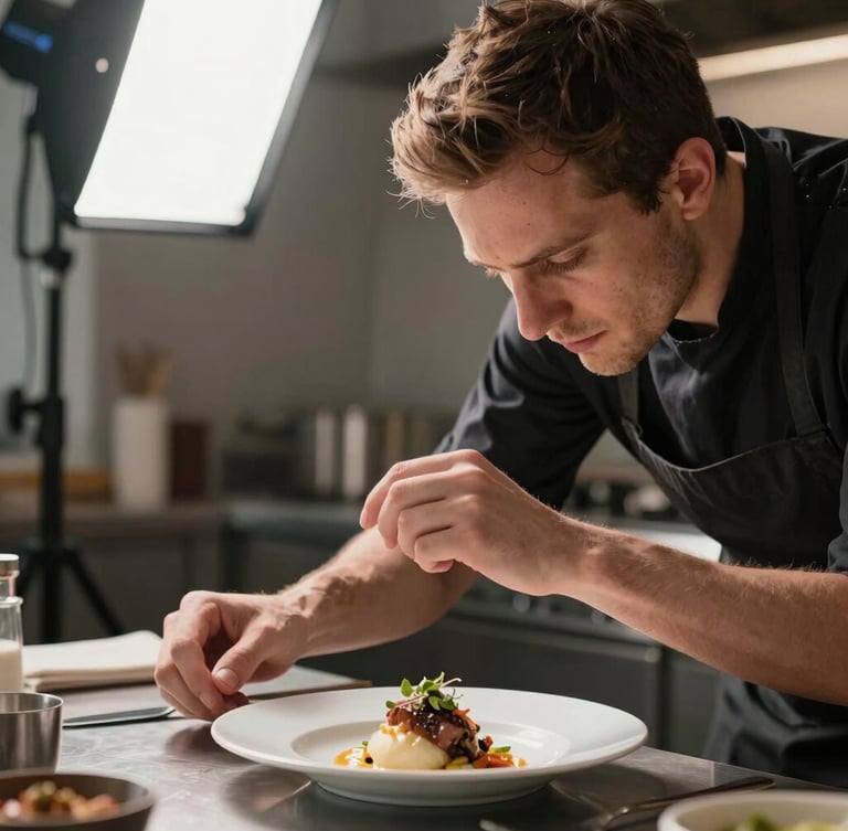A close-up portrait of a chef adjusting a light stand over a plated dish in a Scandinavian-style kitchen, natural side light casting soft shadows