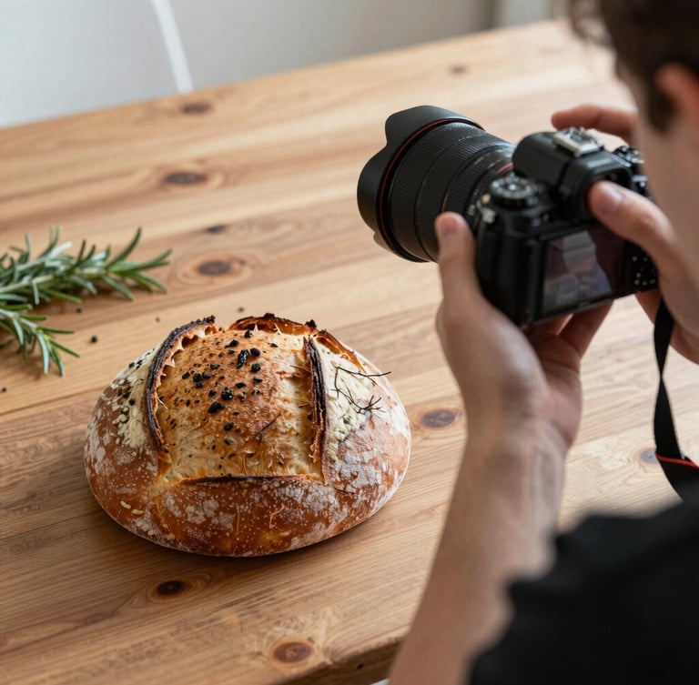 Over-the-shoulder view of a photographer adjusting a camera lens over a rustic wooden table featuring freshly baked sourdough bread and dark green herbs, natural side lighting, scandinavian style.
