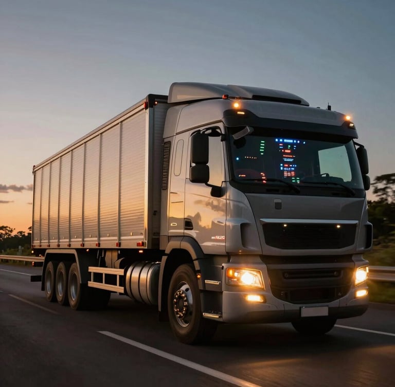 Cinematic night shot of a heavy-duty cargo truck driving on a dark Brazilian highway, golden hour flare, cabin interior glowing with technical dashboard indicators.
