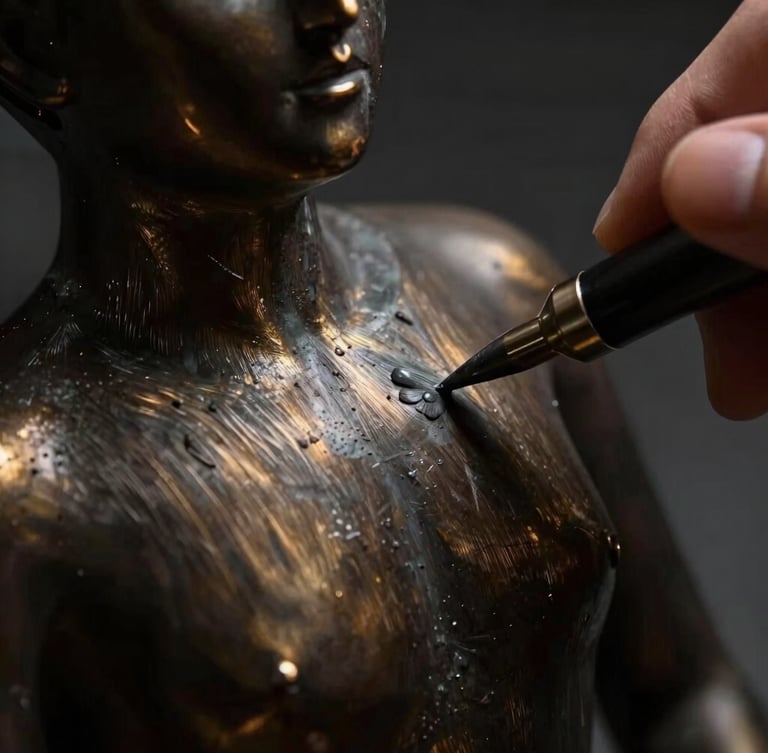 Extreme close-up of a hand burnishing a dark metal sculpture, catching sharp low-key light, highlighting the material grain and brushed texture, 35mm