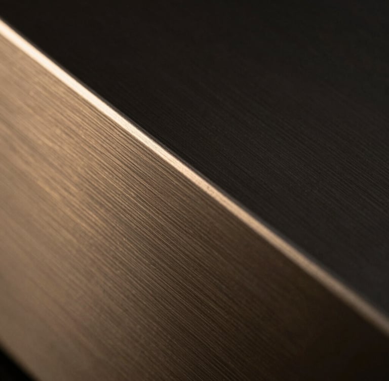 Extreme close-up of a brushed gunmetal sculpture catching dramatic low-key light, showing razor-sharp metallic edges and fine material grain, 35mm