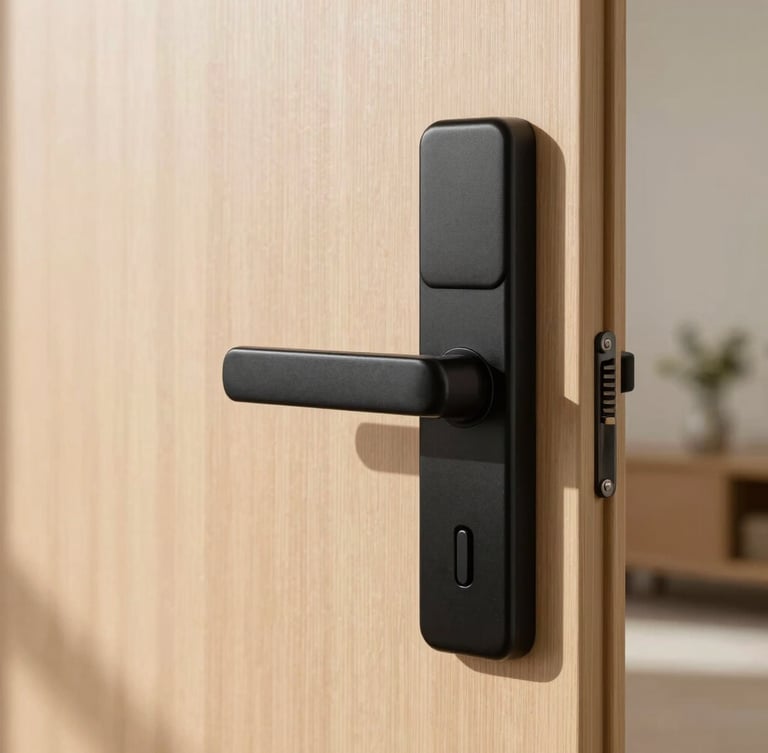 Close-up of a modern matte black electronic lock on a clean wooden door, bright natural daylight, sharp focus, architectural interior