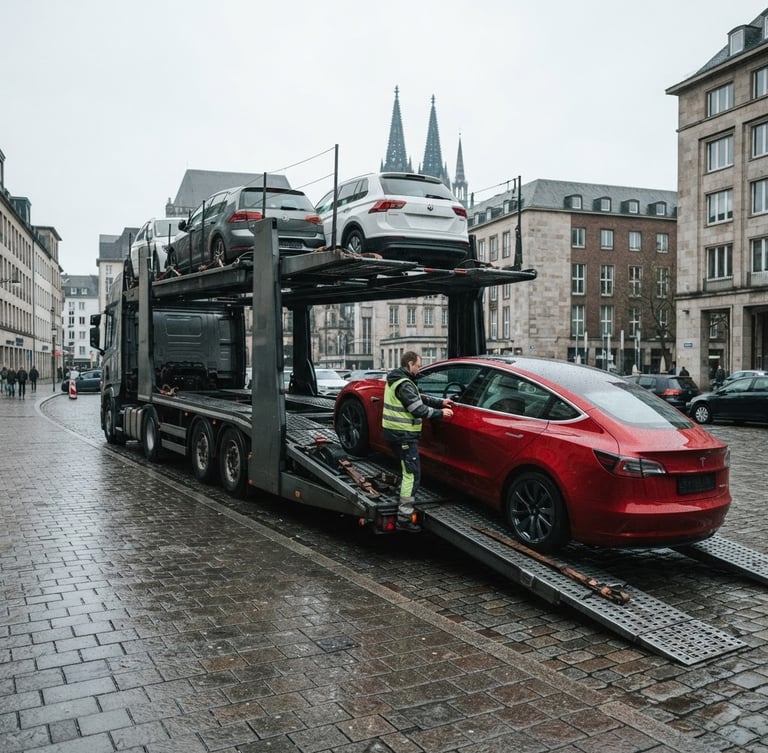 Low-angle wide shot of a professional transport trailer loading a modern sedan on a clean Cologne street, cool overcast daylight, desaturated tones with vibrant red details, 35mm lens