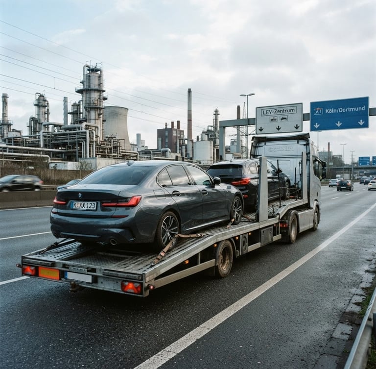 Low-angle wide shot of a modern clean transport trailer with a dark sedan loaded, cool overcast daylight, industrial Leverkusen background with highway signs, sharp focus, 35mm lens