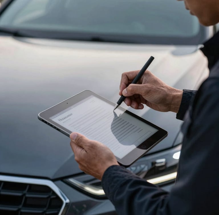 Close-up of a professional driver in a dark uniform signing a digital handover protocol on a tablet, cool morning light, reflective car hood in the background, sharp details