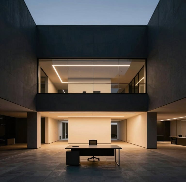 Wide-angle shot of a minimalist, high-ceilinged modern office interior at twilight, architectural lighting, empty. Sharp lines, high-contrast, deep charcoal and white tones. A single, sleek desk in the foreground.