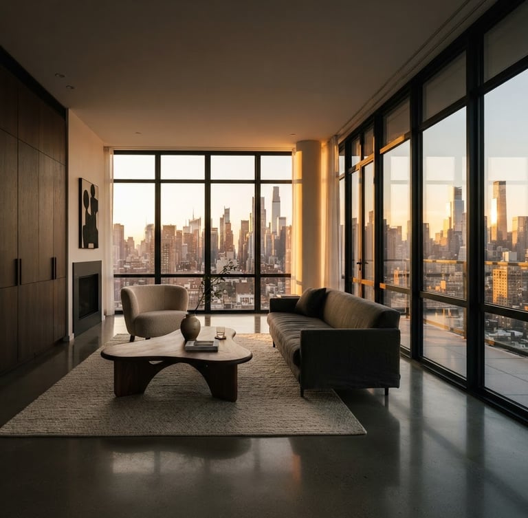 Wide-angle interior shot of a minimalist luxury apartment living room at golden hour, dramatic shadows, floor-to-ceiling windows overlooking a city skyline, high-contrast, editorial style.