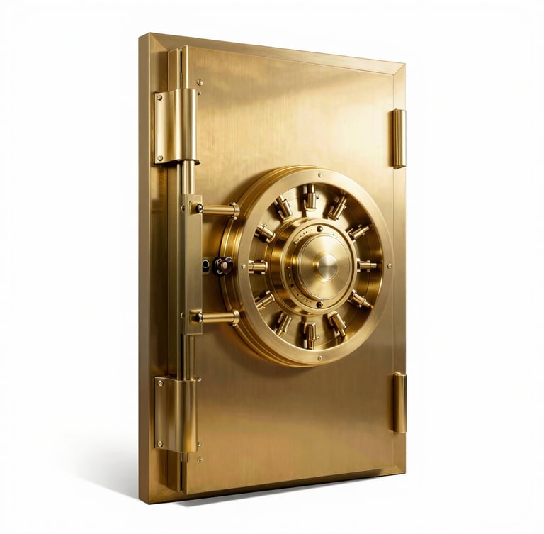 An elegant secure vault door slightly ajar, revealing warm metallic gold reflections under soft corporate studio lighting, sharp focus, 85mm