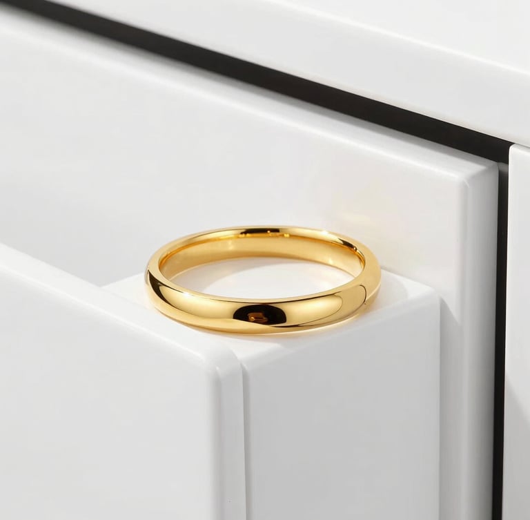 premium studio photography, bright high-key lighting, close-up of heavy gold jewelry resting on a clean modern white vault door, metallic gold reflections, sharp focus, 85mm