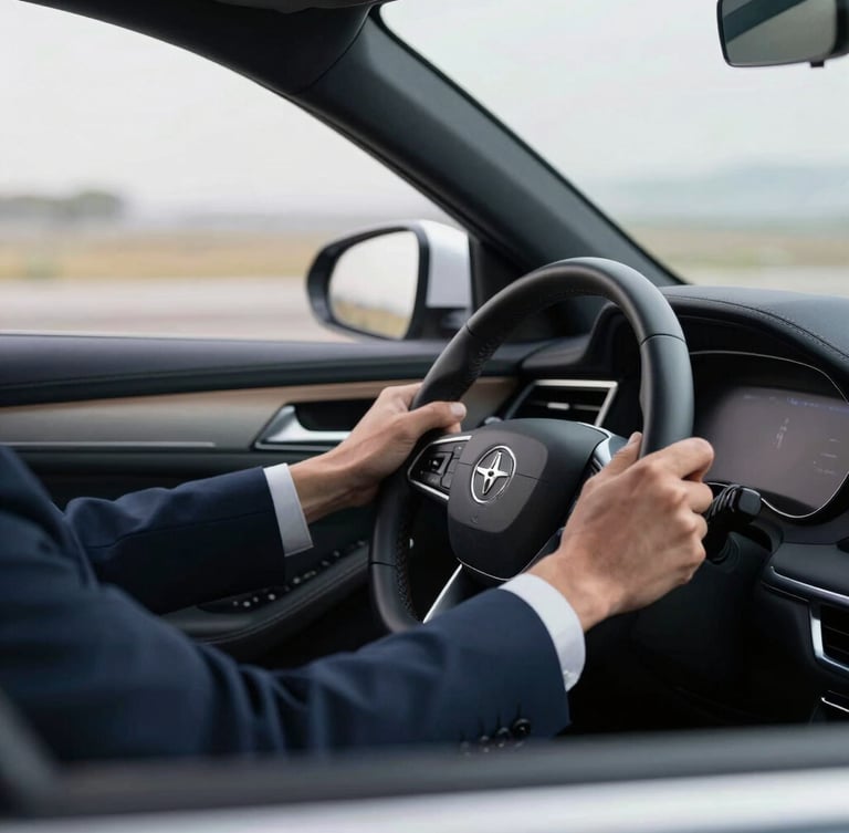 Medium shot of a professional driver's hands in a dark suit on the leather steering wheel of a premium executive sedan, soft morning daylight, quiet road visible through the windshield, 35mm lens.