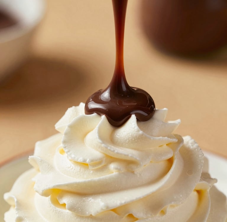 Macro shot of a sharp, glossy chocolate sauce ribbon holding its precise shape on top of a perfectly whipped cream rosette, warm side-lighting, shallow depth of field