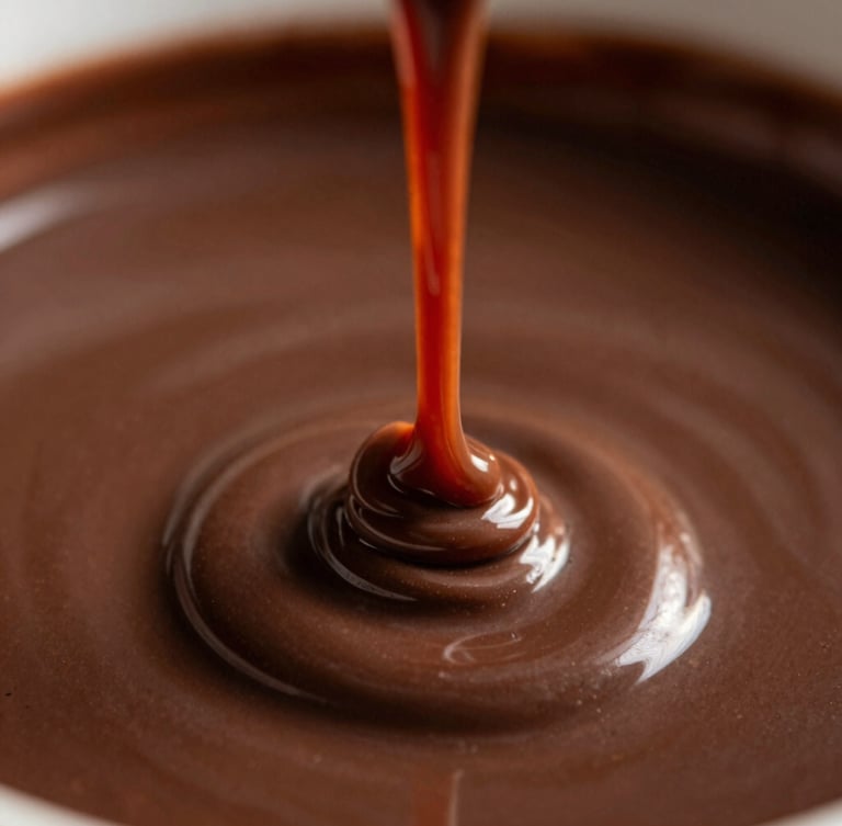 Macro close-up of thick, glossy chocolate sauce pouring in a slow velvety ribbon, catching rich golden-hour highlights against a dark brown background, shallow depth of field.