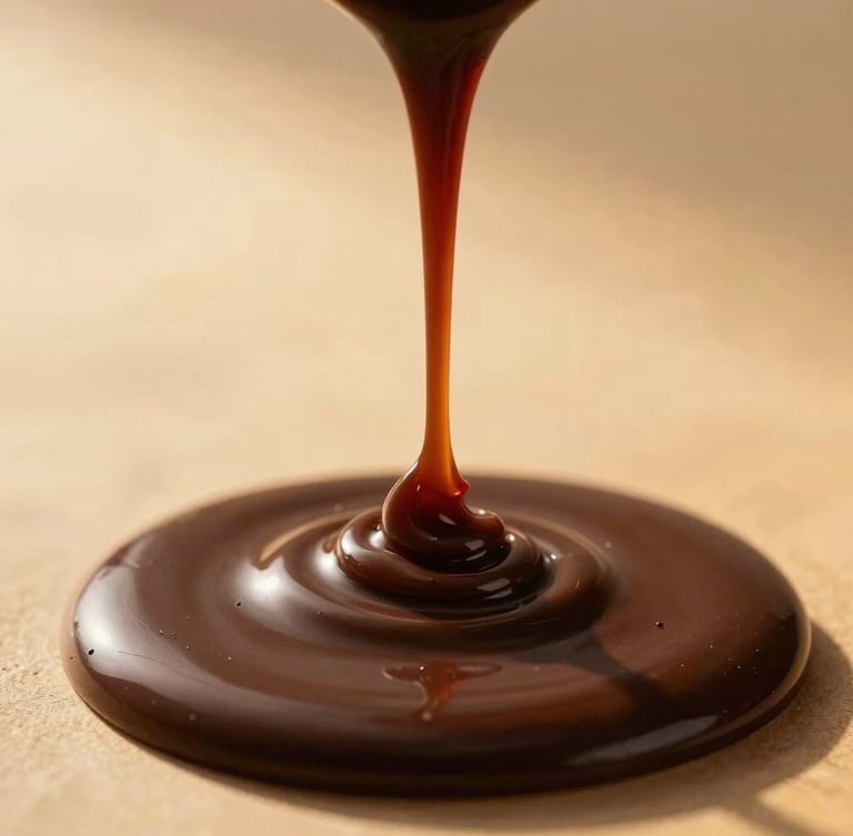 Macro photograph of deep chocolate sauce pouring in a slow, thick ribbon, catching warm golden-hour side-light, shallow depth of field, 50mm, professional studio setting with rich caramel tones.