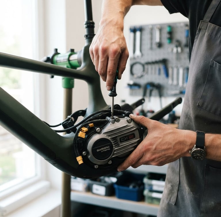 Close-up of a professional mechanic's hands adjusting a high-end electric bike motor with precision tools, bright natural workshop light, clean workspace