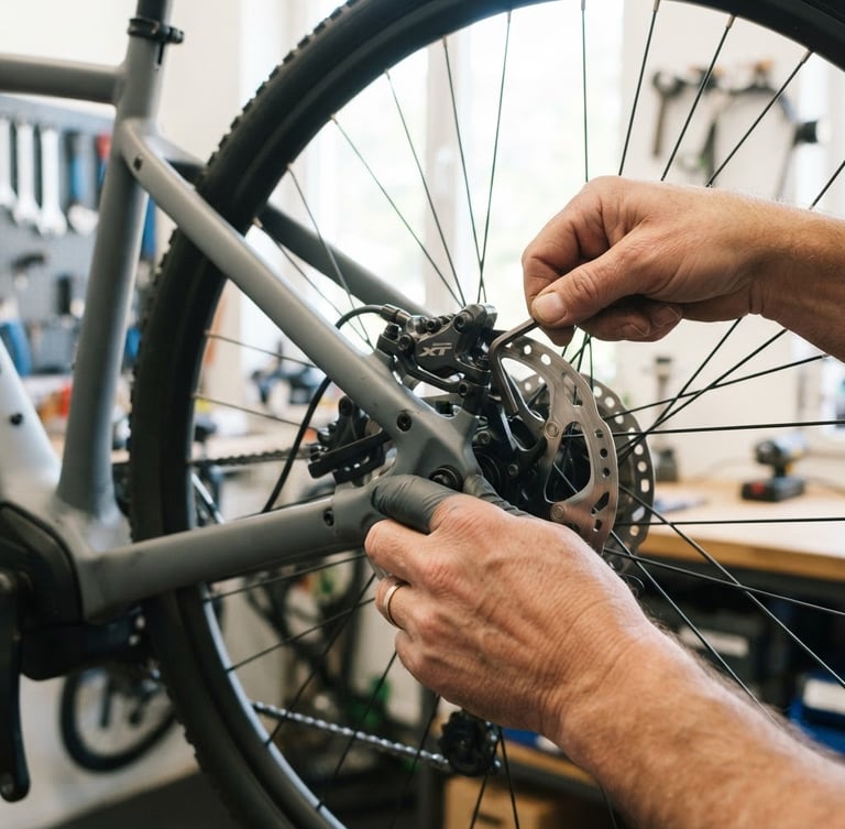 Close-up of a professional mechanic's hands adjusting the hydraulic disc brakes of a modern matte-gray electric bicycle, bright natural workshop light, crisp details, 35mm lens