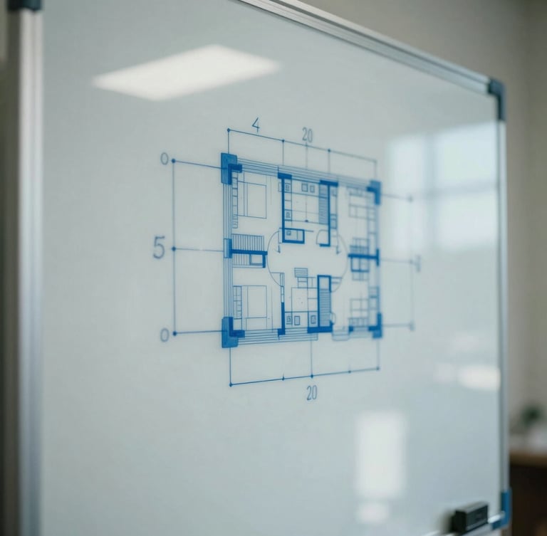 Tight macro shot of a clean glass whiteboard with blue architectural flowcharts and sharp shadows under cool daylight.