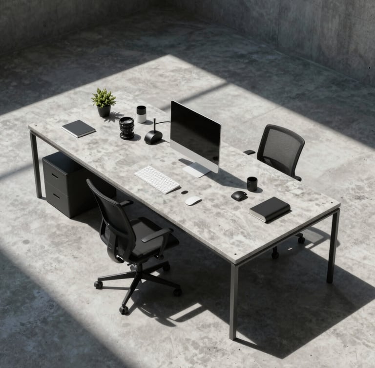 Vista aérea de un plano técnico sobre un escritorio de concreto, iluminación natural de alto contraste con sombras marcadas, enfoque preciso sin personas.
