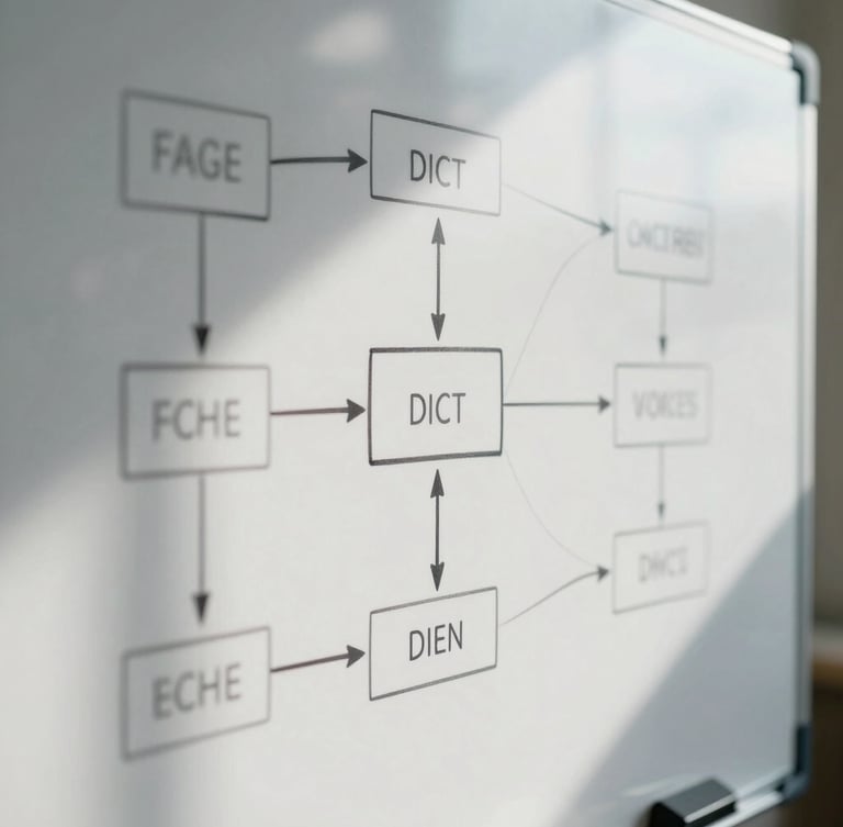 Tight macro shot of a clean whiteboard process diagram, sharp architectural lines, cool daylight, high contrast shadows.