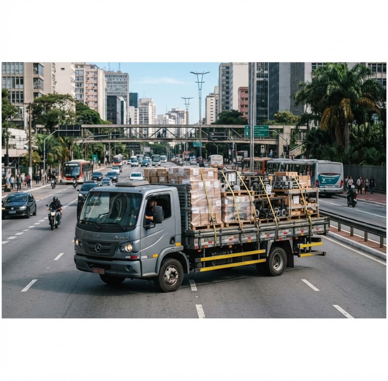 Wide panoramic Sao Paulo urban road at clear morning daylight, a medium-duty cargo truck with secured palletized goods on its bed, seen from eye-level, cool grey and safety yellow tones, sharp focus, 35mm