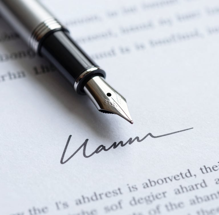Macro close-up of a heavy fountain pen resting on a crisp, signed legal contract, bright clean daylight with cool silver tones, sharp focus on the signature line.