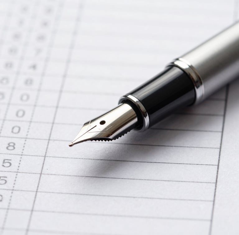 Tight macro shot of a fountain pen resting on a clean, structured financial ledger, high-contrast studio lighting with cool silver tones.