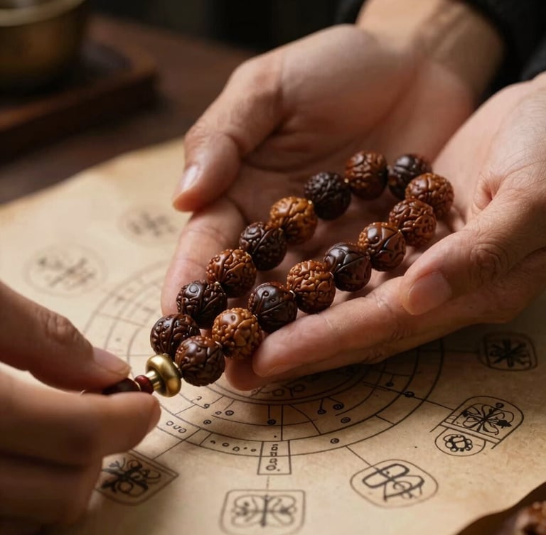 Macro close-up of hands holding aged rudraksha beads over an ancient palmistry chart on textured paper, low-key warm side lighting, dark background.