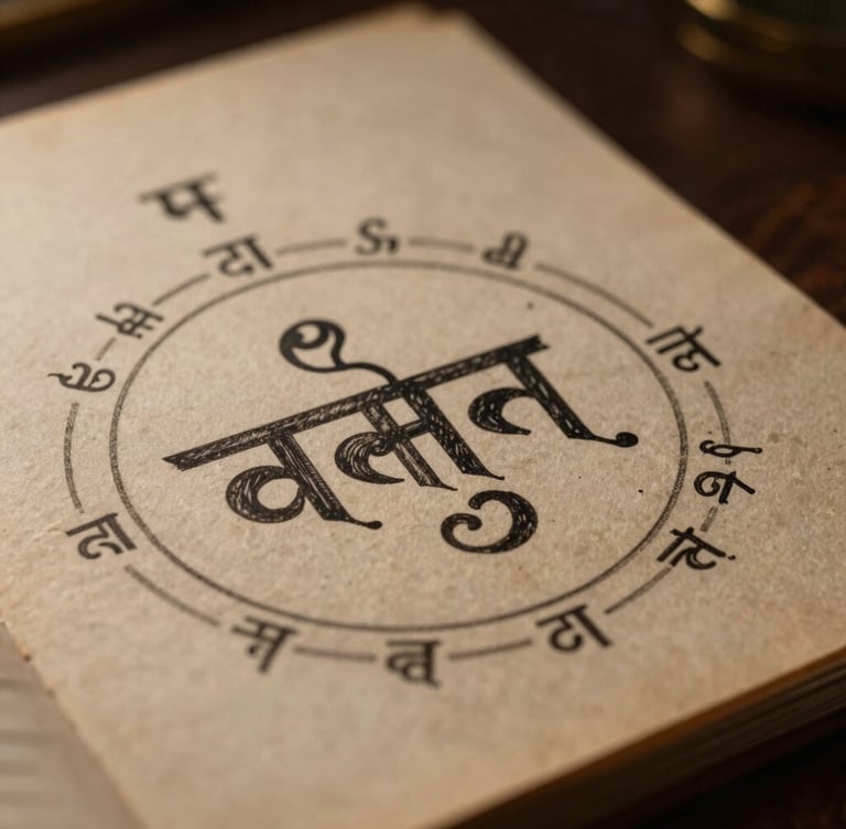 Macro close-up of a hand-drawn Sanskrit horoscope on aged textured paper, warm side lighting, dark background, no text.