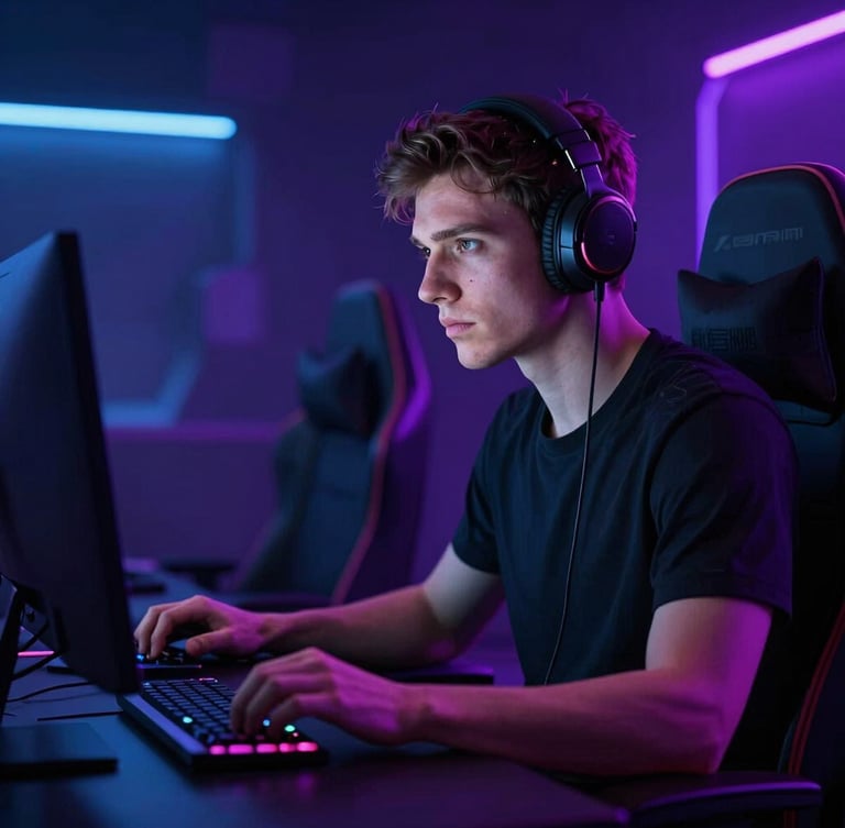 Dramatic portrait of a professional male gamer focused on a screen, illuminated by intense electric blue and neon purple backlighting, dark moody gaming setup with subtle RGB glow, high-contrast shadows, 3d render style.