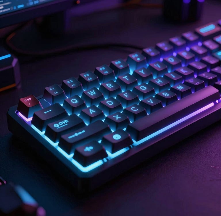 Macro shot of a high-end gaming setup, glowing mechanical keyboard, electric blue and neon purple ambient light, dark background