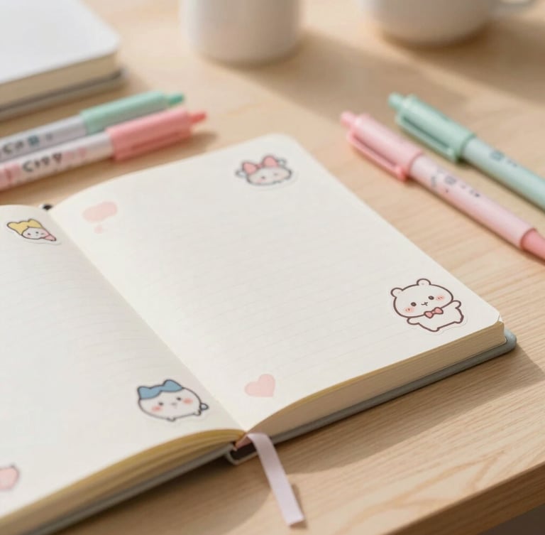 Soft cozy photography of pastel colored pens, cute stickers, and an open planner on a light wooden desk, diffused morning daylight, warm tones, shallow depth of field, 35mm