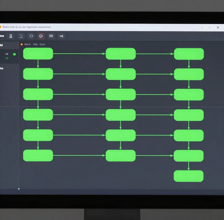 Straight-on clean screen capture of a complex automated data pipeline dashboard in dark mode, neon green node connections, slate background, crisp tech photography, 35mm