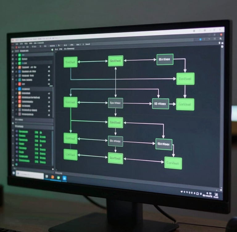Straight-on screen capture of a complex data flow diagram on a dark slate monitor, cool ambient studio lighting with subtle green accents, macro lens, 35mm