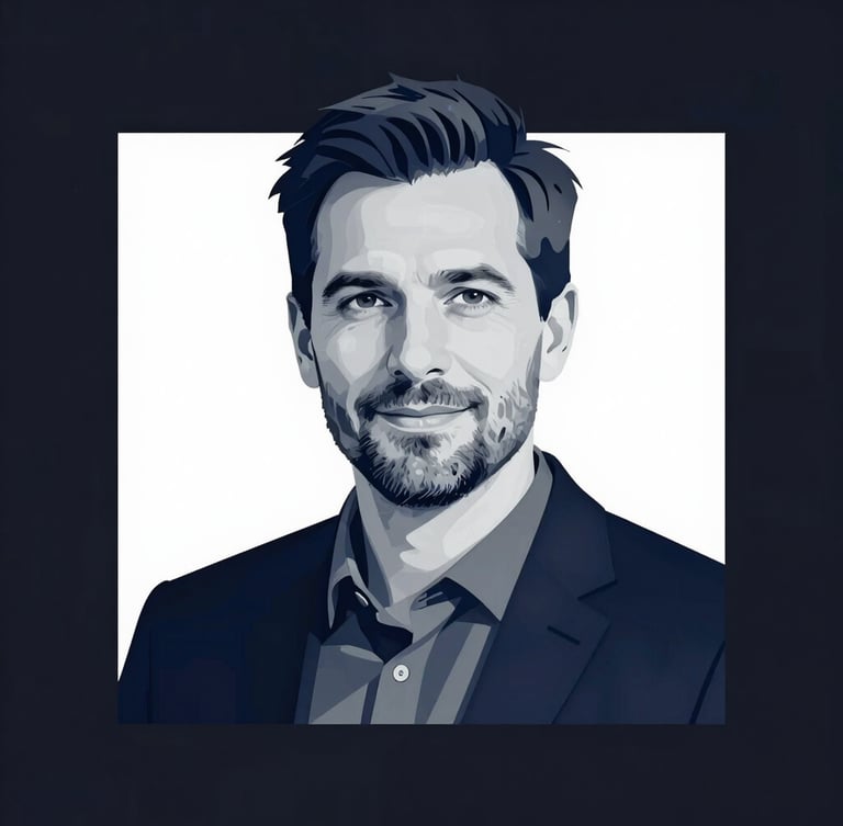 High-contrast desaturated studio portrait of founder Mathijs Verhoeven, professional corporate style, dark background, sharp clean lighting